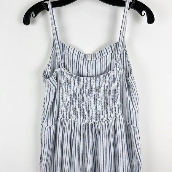 Old Navy Linen Cropped Jumpsuit Smocked Back Blue Stripe Boho Lagenlook - Picture 7 of 16